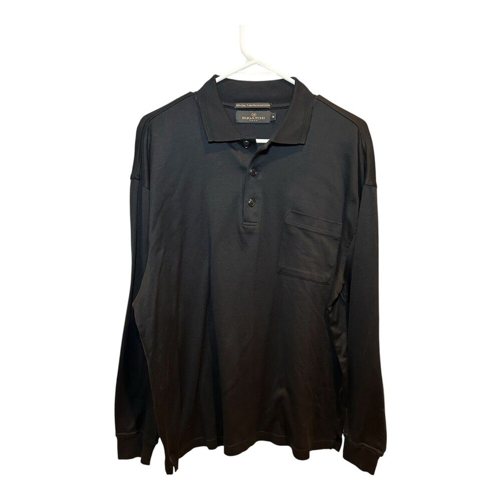 Bugatchi Uomo Mens Black Long Sleeve Polo Shirt Size M Mercerized Cotton Pocket